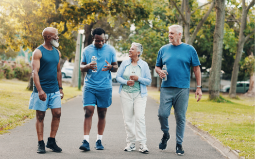 group people walk fitness park